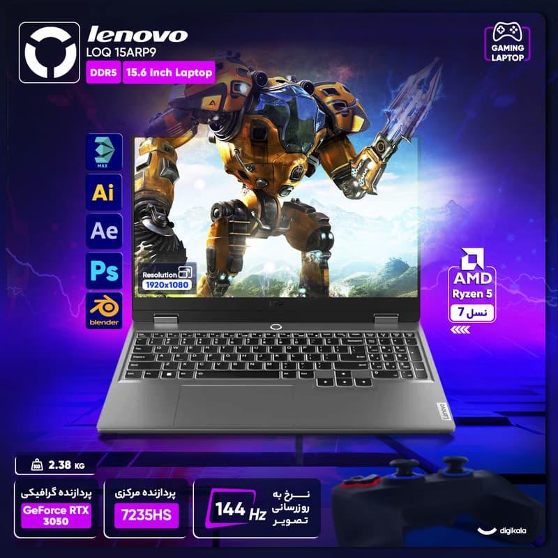 لپ تاپ 15.6 اینچی لنوو مدل LOQ 15ARP9-R5 7235HS-RTX3050 A 4GB-32GB DDR5 4800MHz-1TB SSD-FHD 144Hz - کاستوم شده